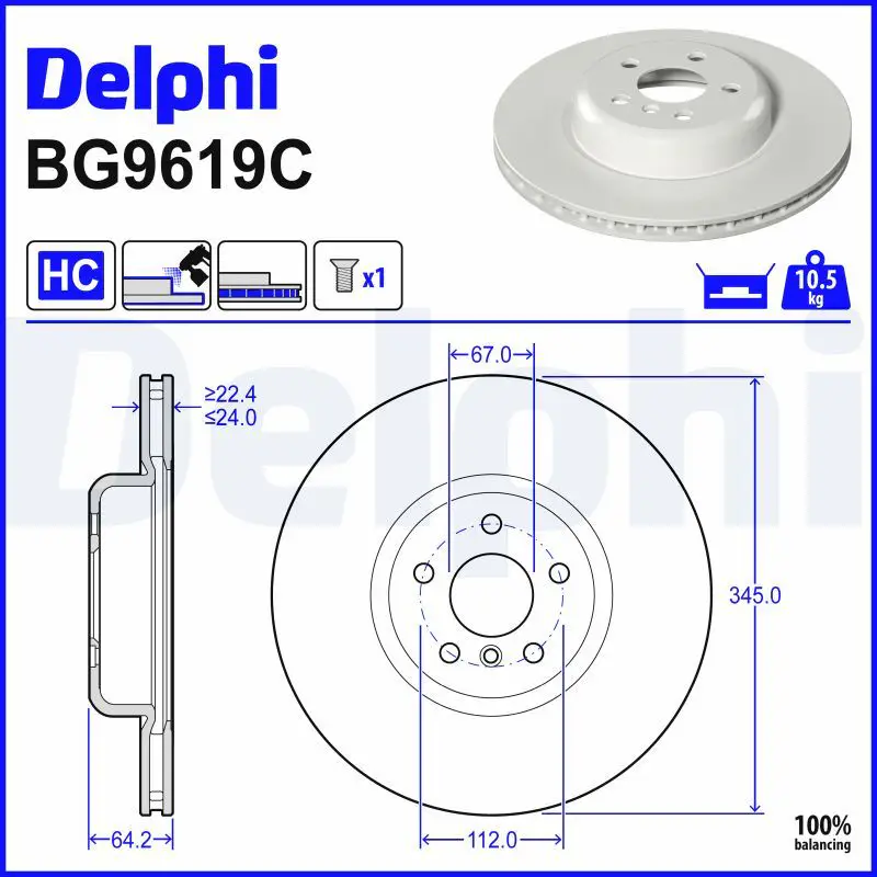 BMW 5 Serisi F90 Fren Diski Ön Havalı 345mm | DELPHI BG9619C