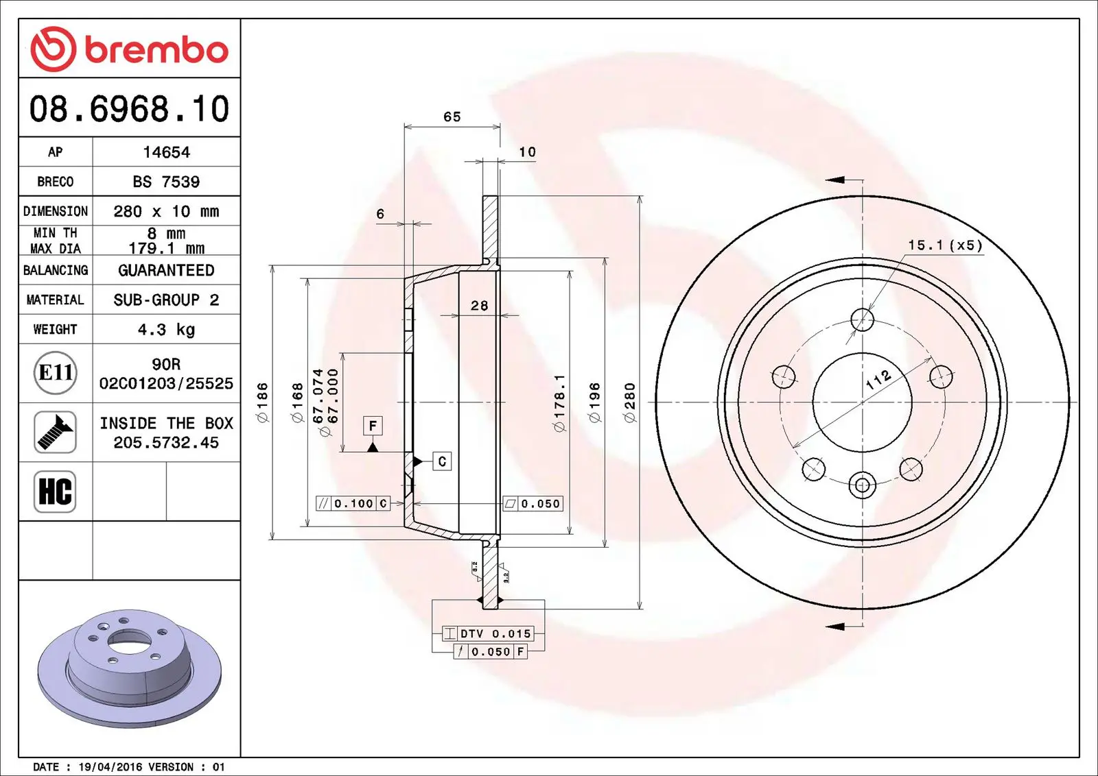 Mercedes W638 Arka Fren Diski Düz 280mm | BREMBO 08696810