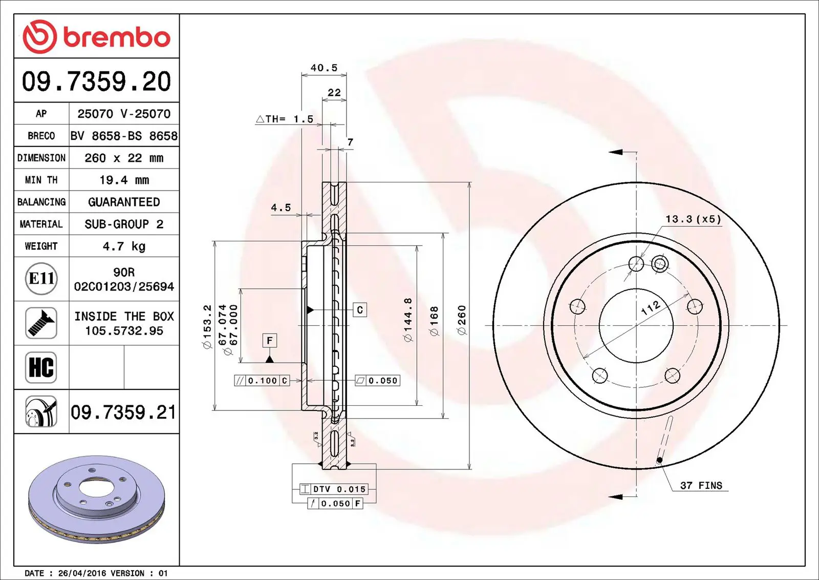 Mercedes W168 Ön Fren Diski Havalı 260mm | BREMBO 09735921