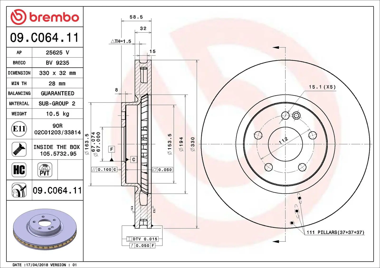 Mercedes Vito Serisi W447 250 CDI Ön Fren Diski Havalandırmalı | BREMBO 09C06411