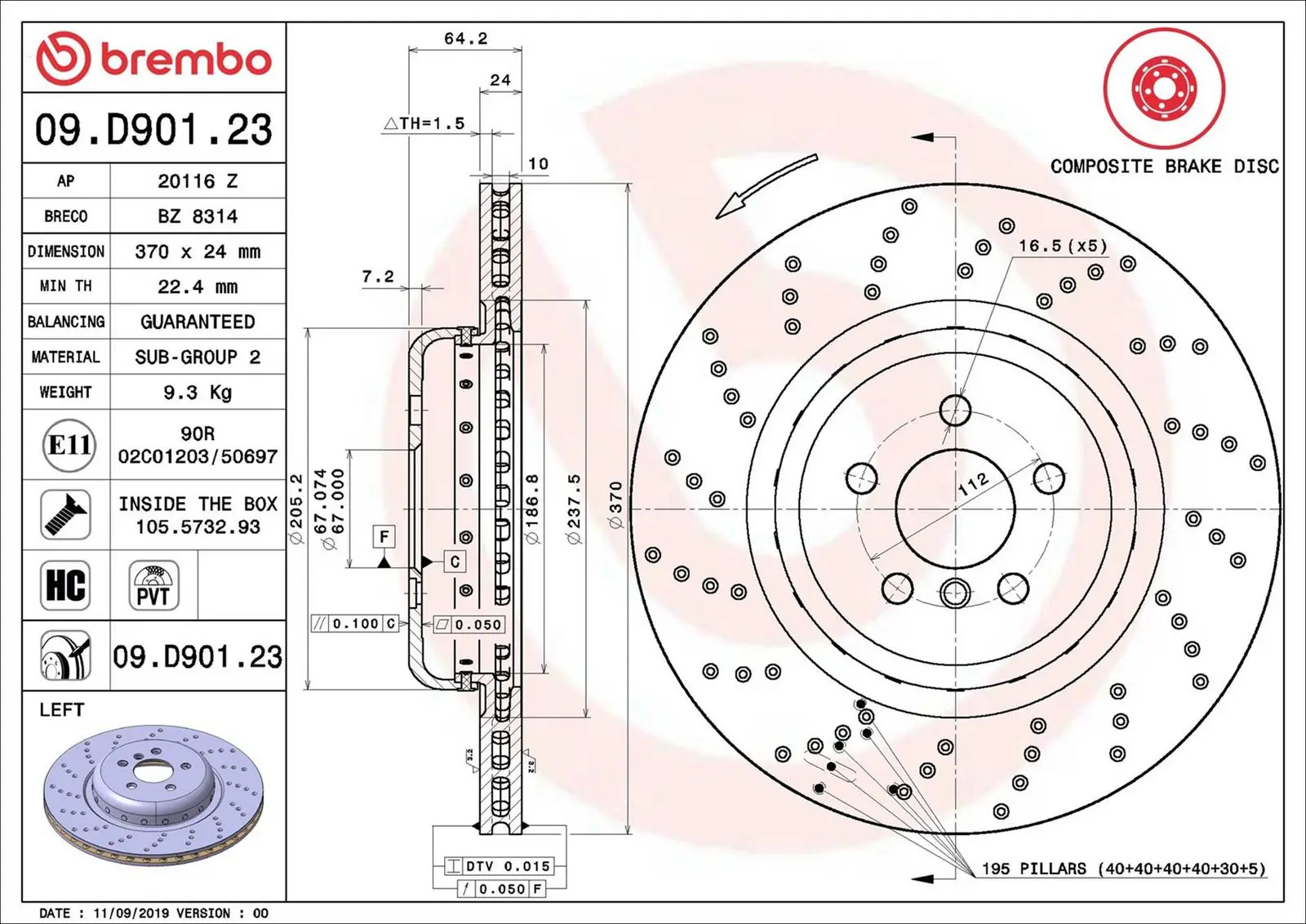 BMW 5 Serisi F90 518 d Sol arka Fren Diski Havalandırmalı | BREMBO 09D90123