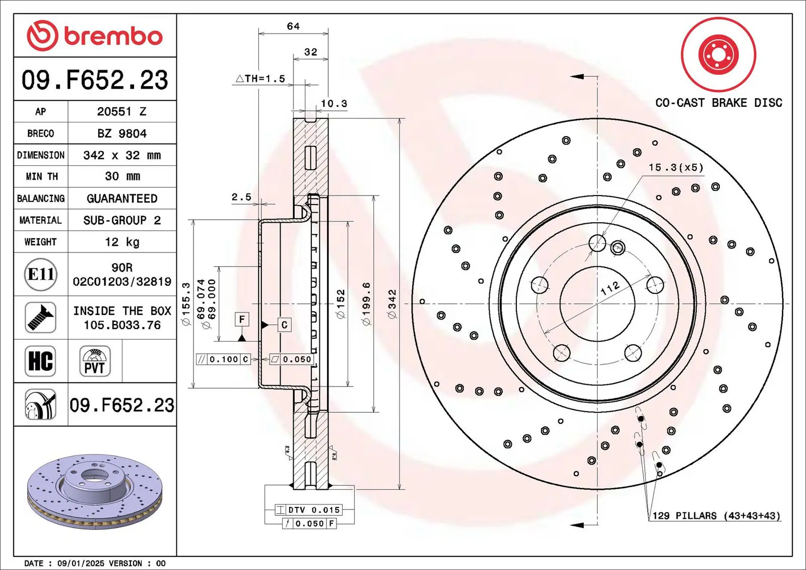 Mercedes C Serisi W206 C 300 e Ön Fren Diski Havalandırmalı | BREMBO 09F65223