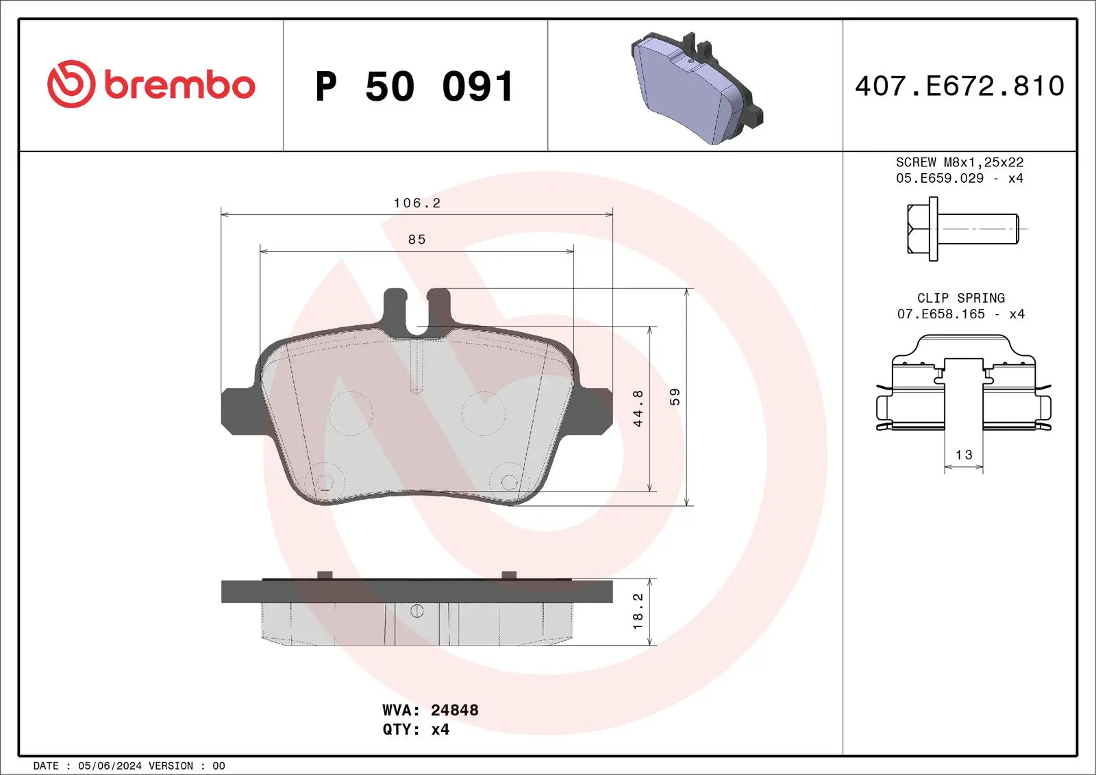 Mercedes B Serisi W246 B 220 4-matic Arka Fren Balatası | BREMBO P50091