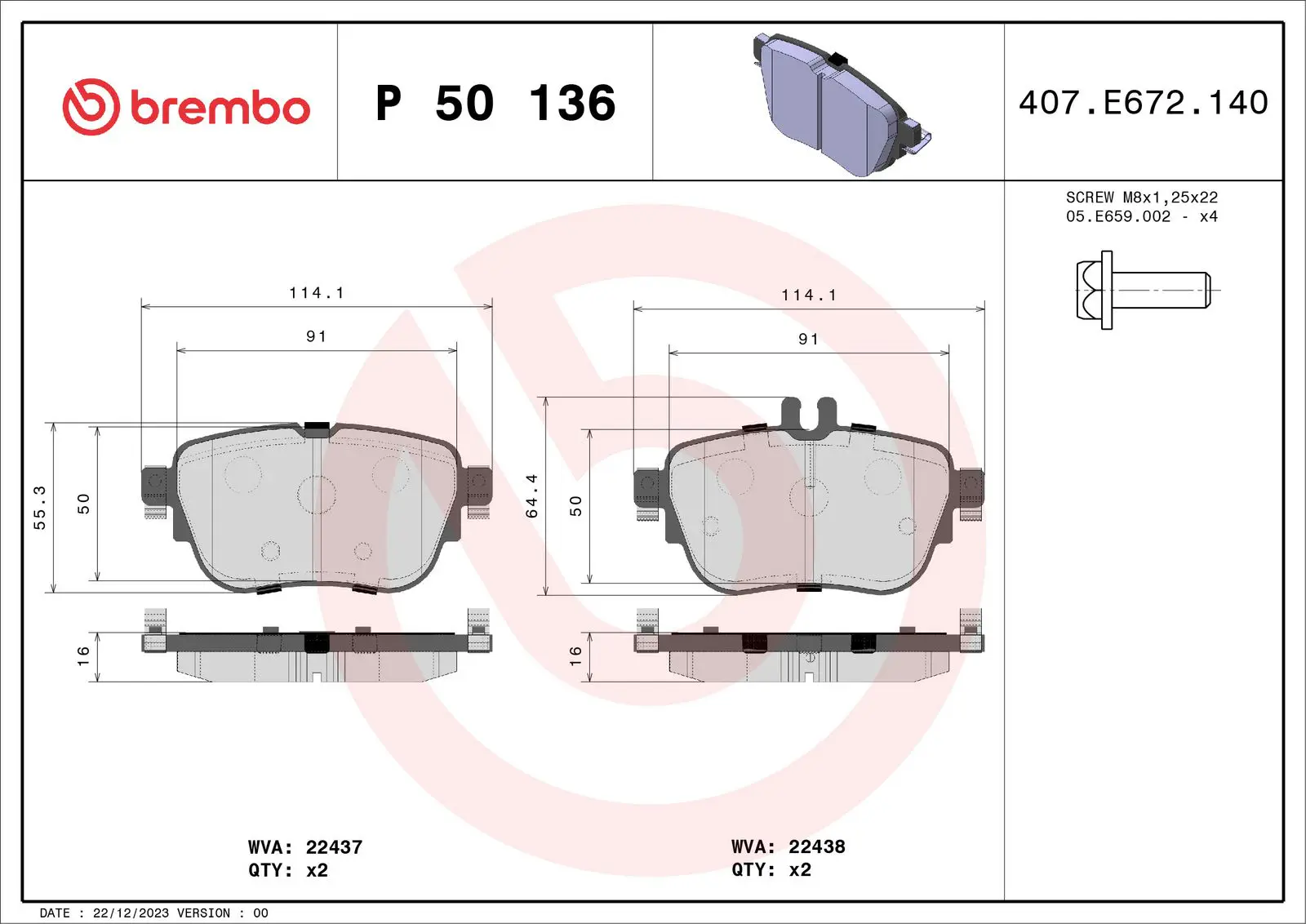 Mercedes E Serisi W213 E 180 Arka Fren Balatası | BREMBO P50136