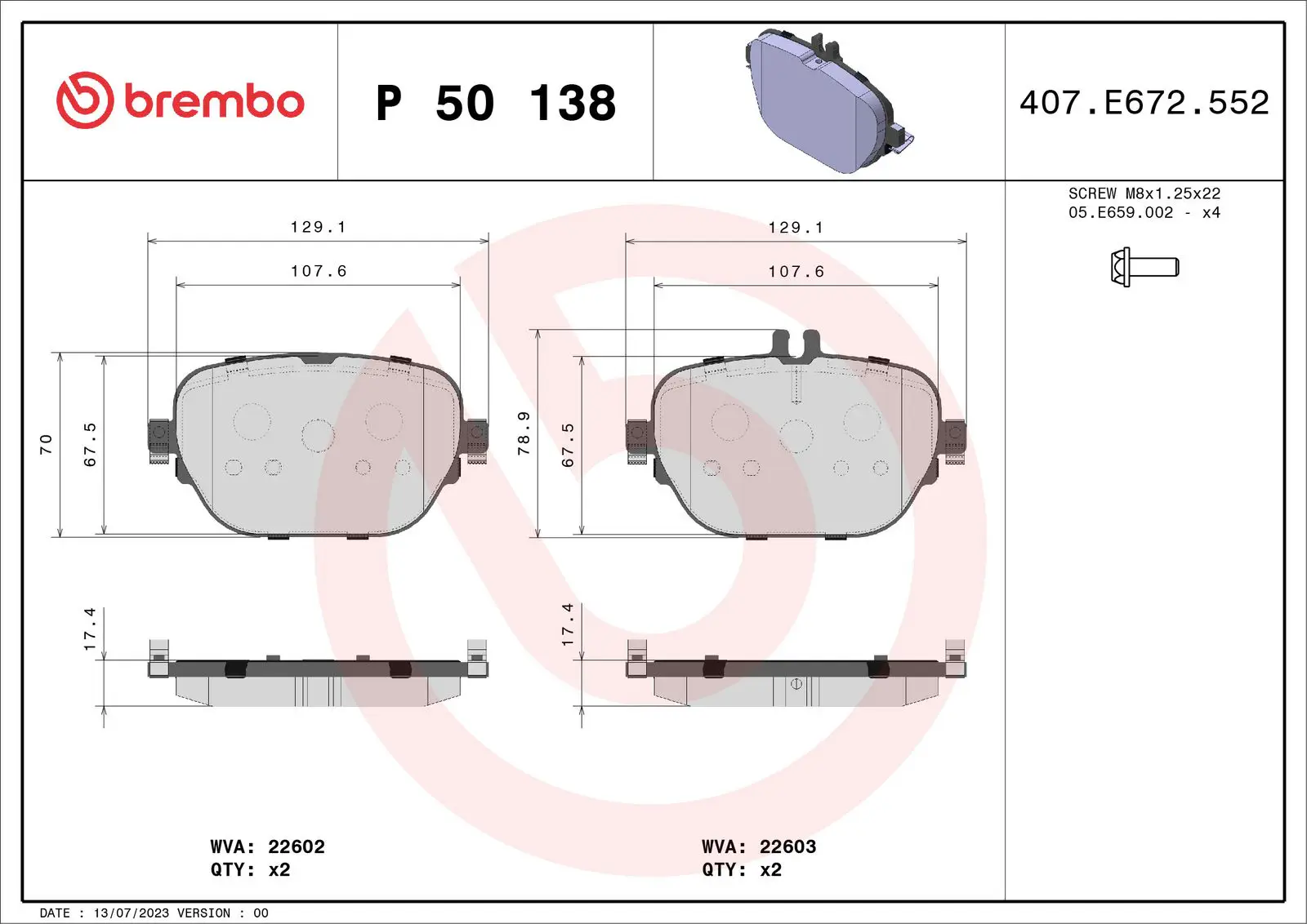 Mercedes E Serisi W213 AMG E 43 4-matic Arka Fren Balatası | BREMBO P50138