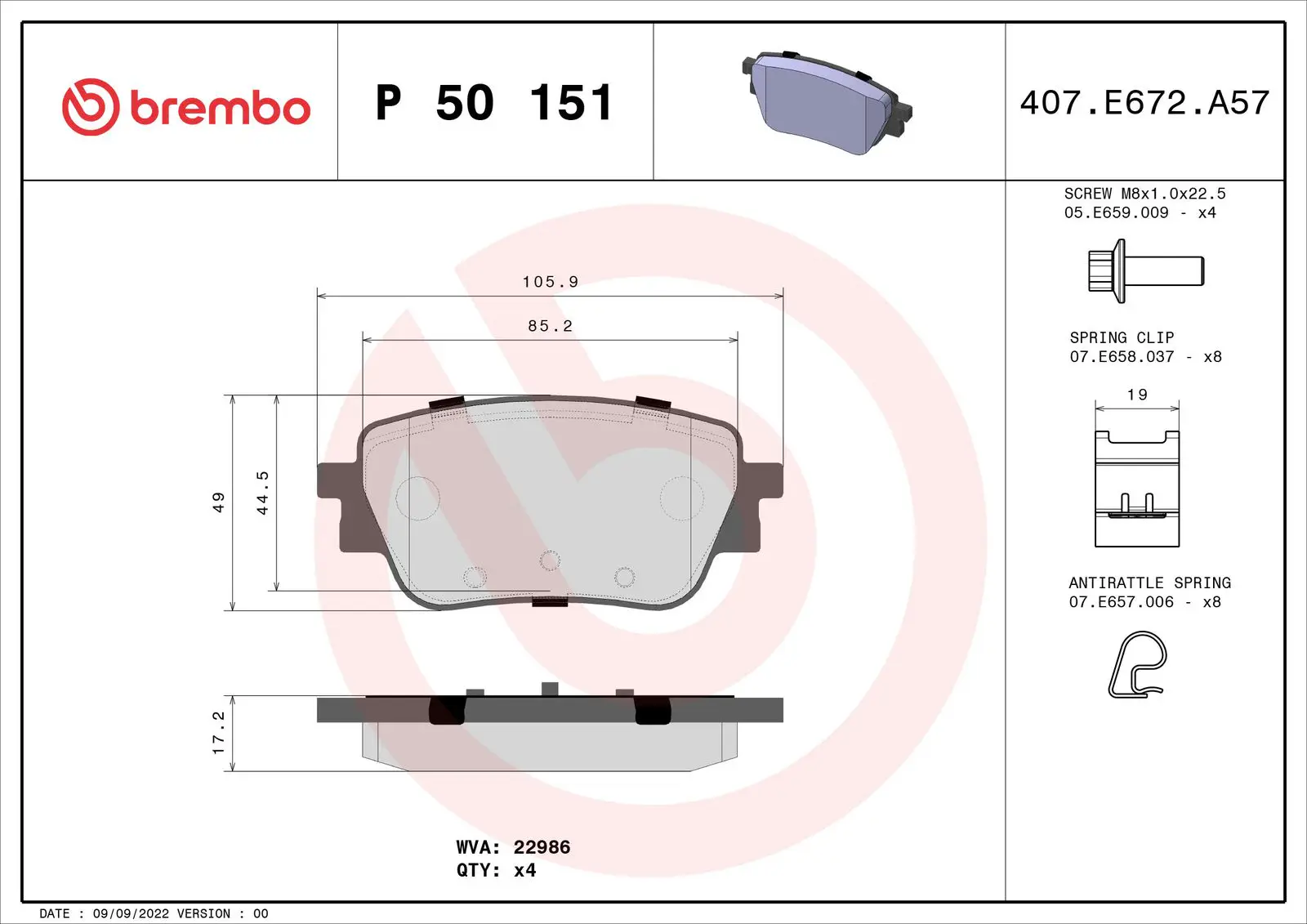 Mercedes A Serisi W177 A 180 Arka Fren Balatası | BREMBO P50151