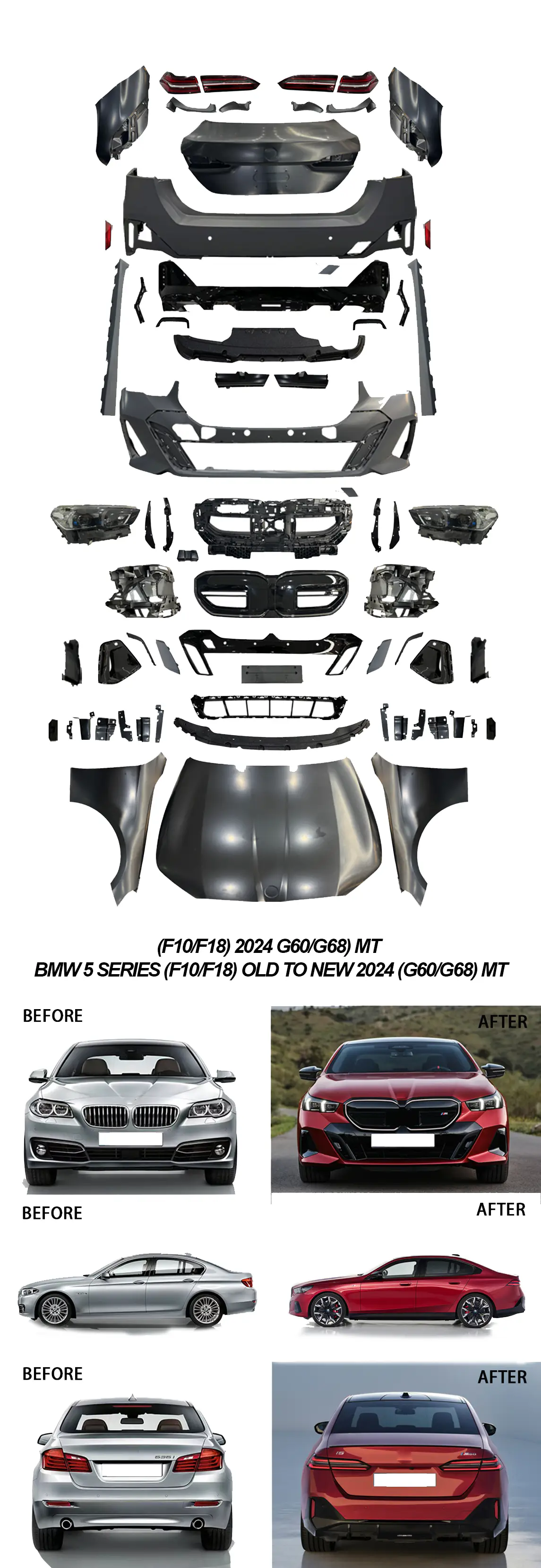 BMW 5 Serisi F10 2009-2016 Komple Gövde Kiti [DONUSUM => G60] PDCli:Ön/Arka, Mrşp-li, Panj-lu, Kaput/Çamurluk/Bagaj Kap., Far/Stop -M-Tech- 2010-13 | WENDER BA0102209