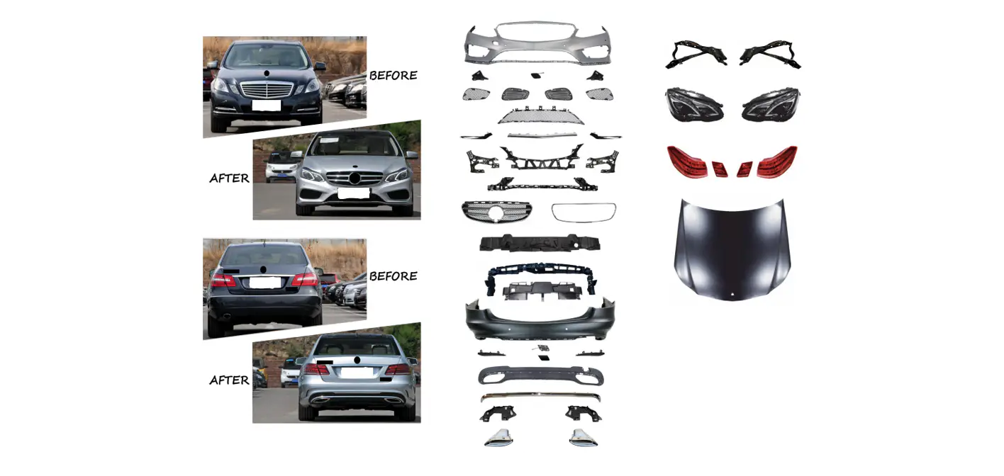 Mercedes E Serisi W212 2009-2016 Komple Gövde Kiti [2009-12 DONUSUM => 2013-16] Park Sensörlü: Ön ve Arka, Çift Egzoz Çıkışlı (Tek+Tek) Egzoz Uçlu, Panjururlu, Kaput, Far/Stop | WENDER MA2122202