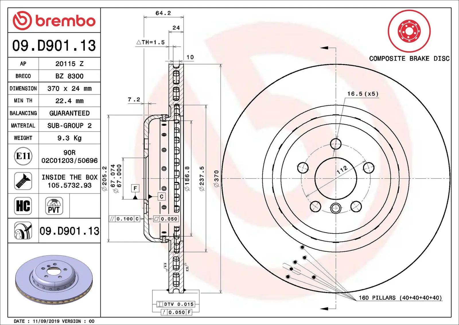 BMW 5 Serisi F90 540 i Mild-Hybrid xDrive Arka Fren Diski Havalandırmalı | BREMBO 09D90113