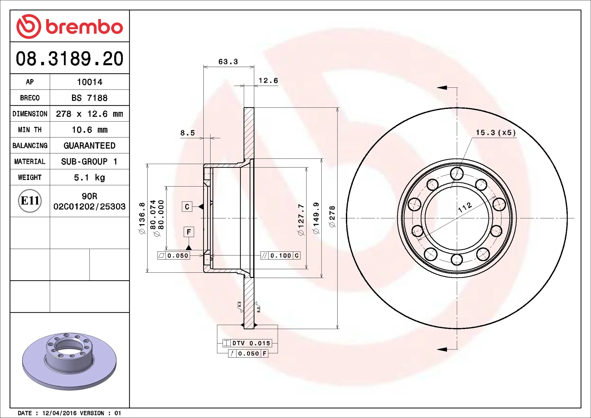 Mercedes W123 Kasa 250 Ön Fren Diski | BREMBO 08318920