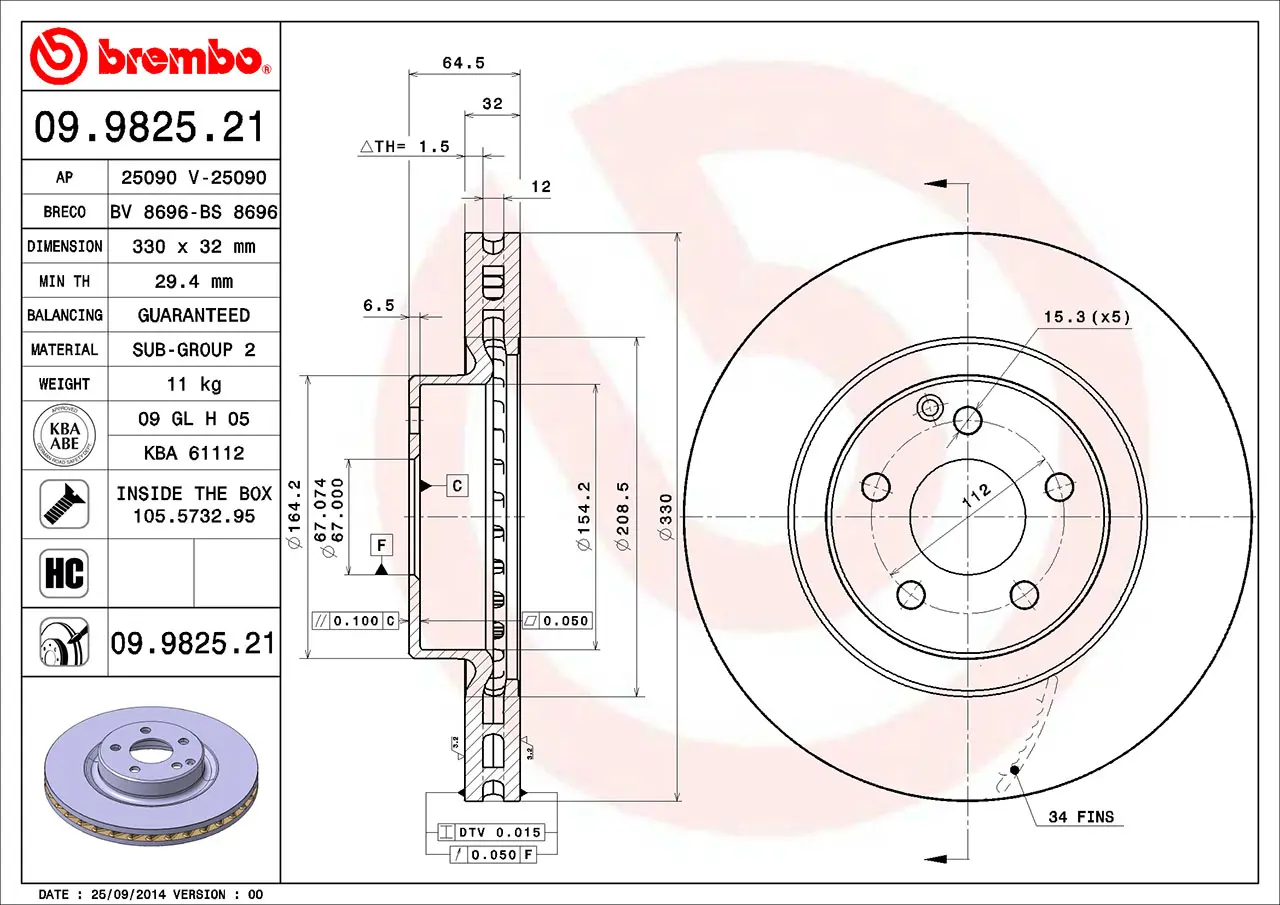 Mercedes GLK Serisi W204 350 CDI 4-matic Ön Fren Diski Havalandırmalı | BREMBO 09982521