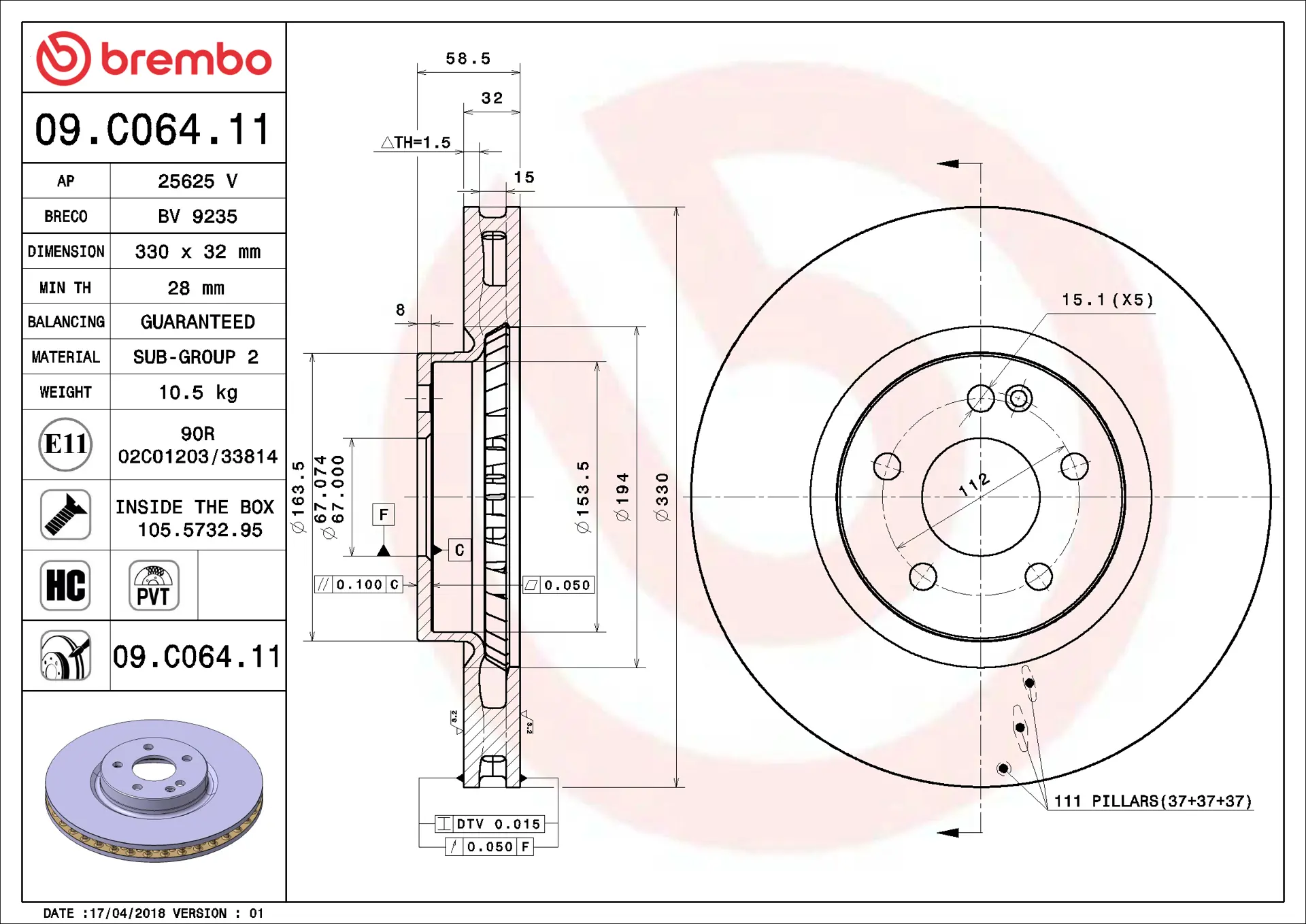 Mercedes Vito Serisi W447 V 200 CDI / d 4-matic Ön Fren Diski Havalandırmalı | BREMBO 09C06411