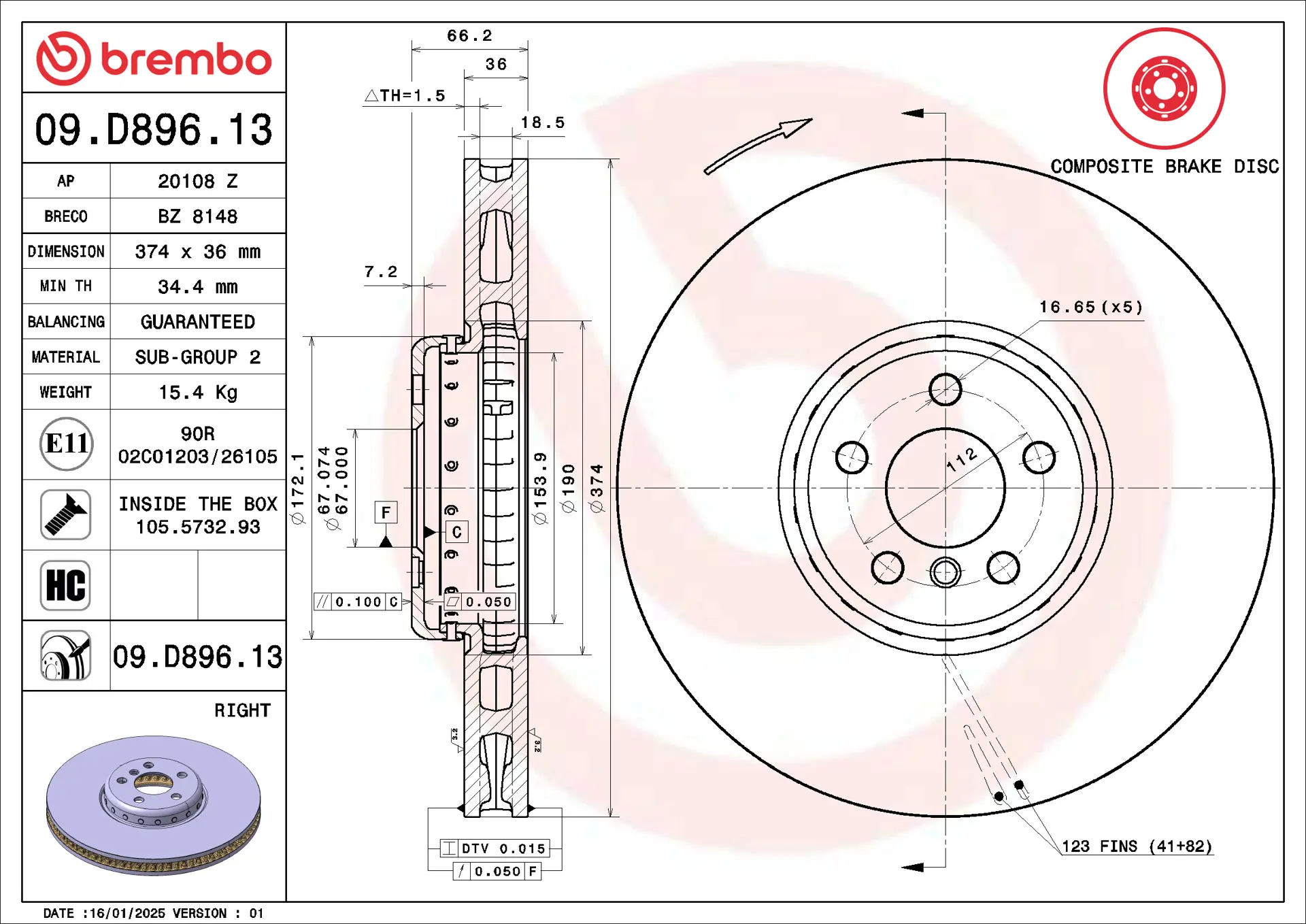 BMW 5 Serisi G30 M 550 d xDrive Sağ ön Fren Diski Havalandırmalı | BREMBO 09D89613